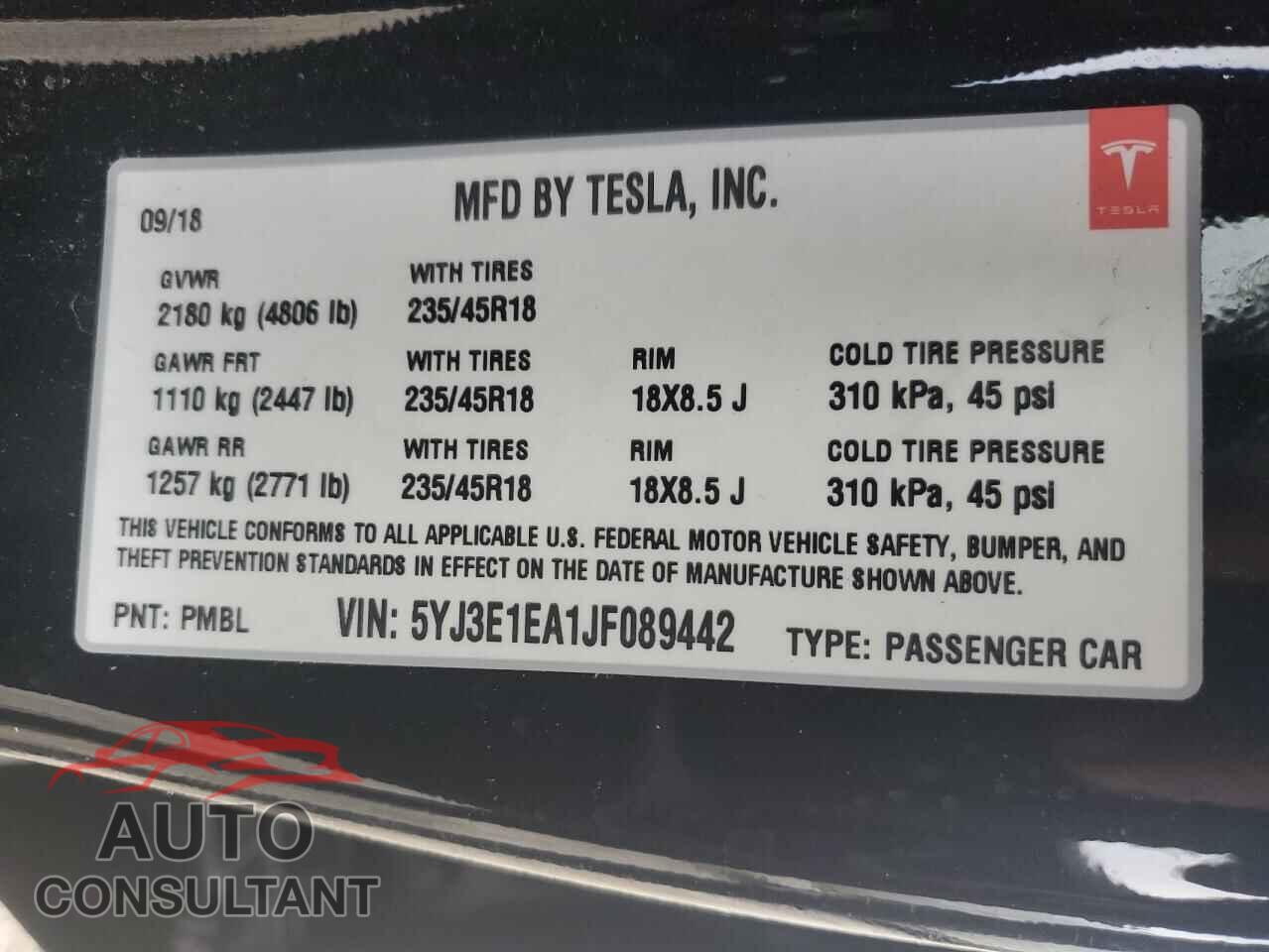 TESLA MODEL 3 2018 - 5YJ3E1EA1JF089442