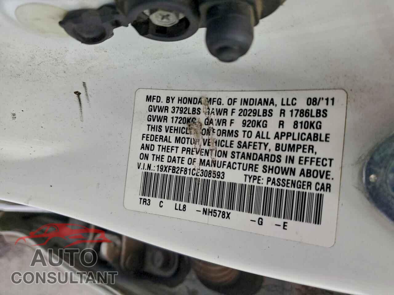HONDA CIVIC 2012 - 19XFB2F81CE308593