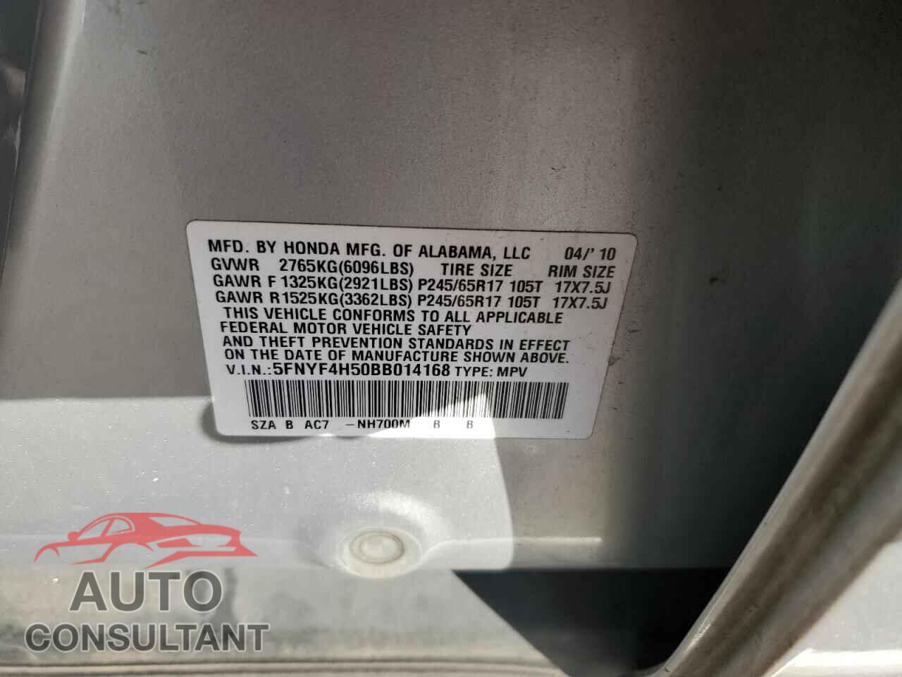 HONDA PILOT 2011 - 5FNYF4H50BB014168