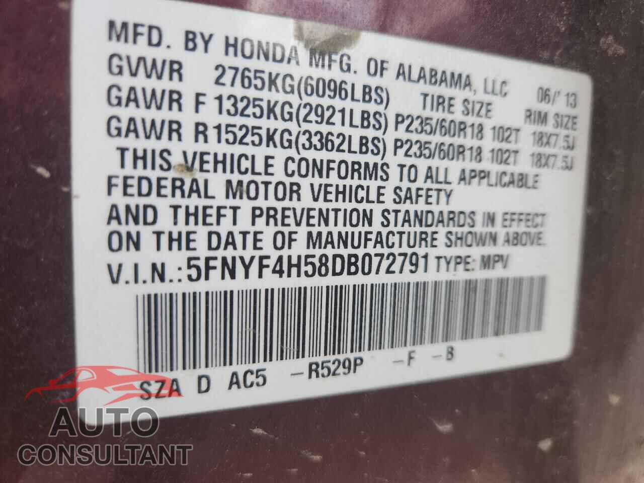 HONDA PILOT 2013 - 5FNYF4H58DB072791