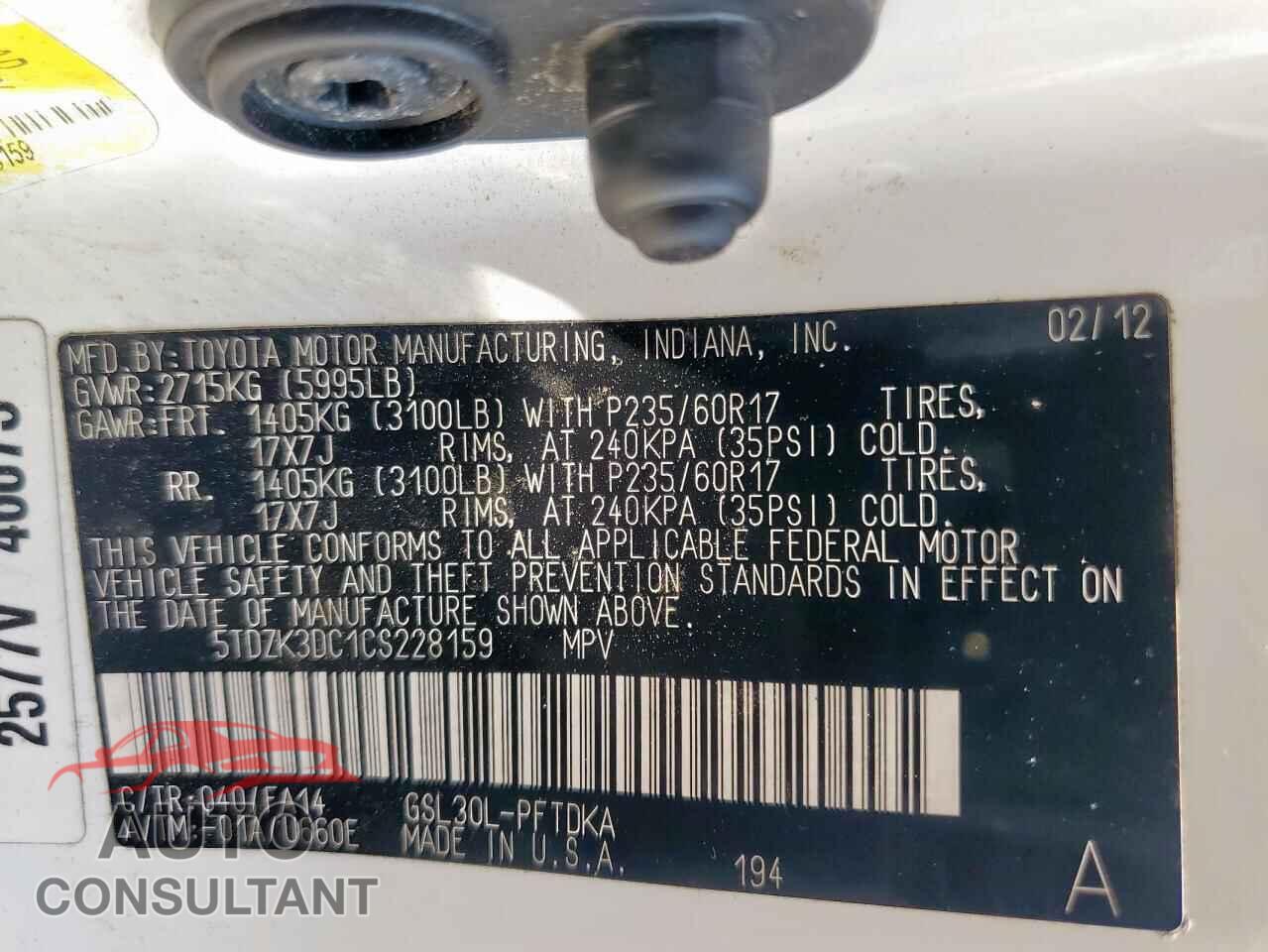 TOYOTA All Models 2012 - 5TDZK3DC1CS228159