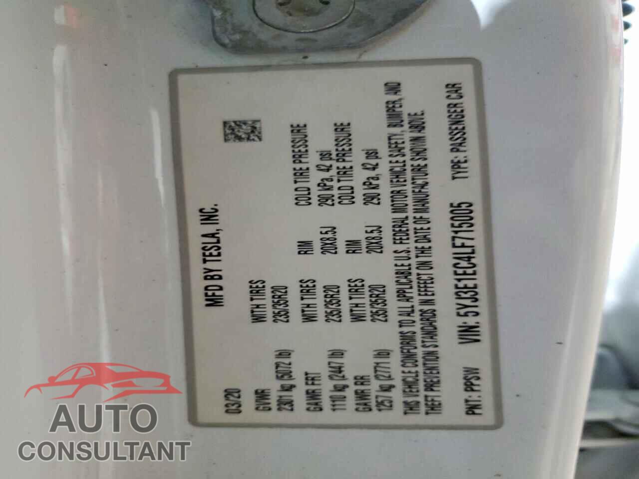 TESLA MODEL 3 2020 - 5YJ3E1EC4LF715005