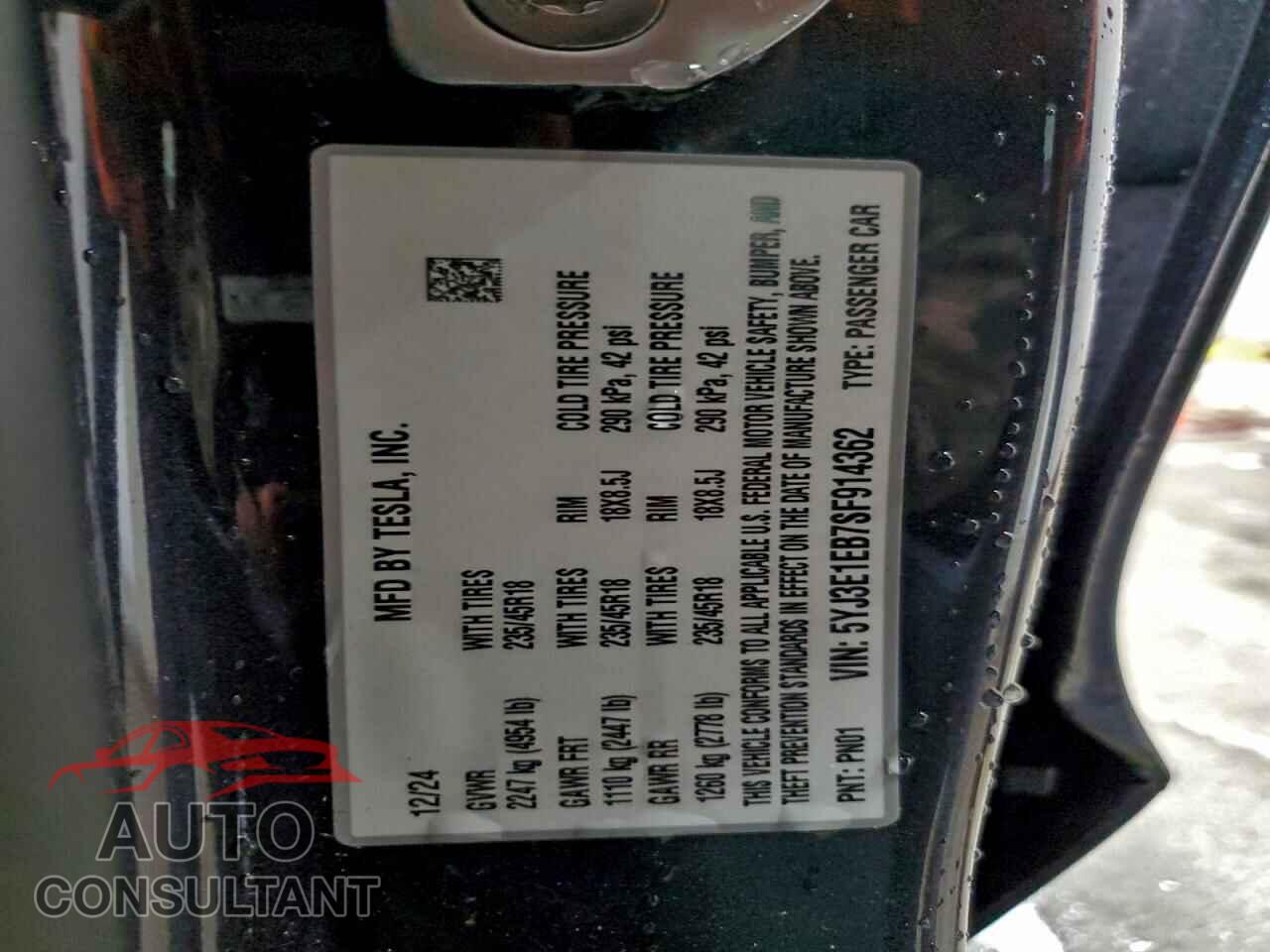 TESLA MODEL 3 2025 - 5YJ3E1EB7SF914362