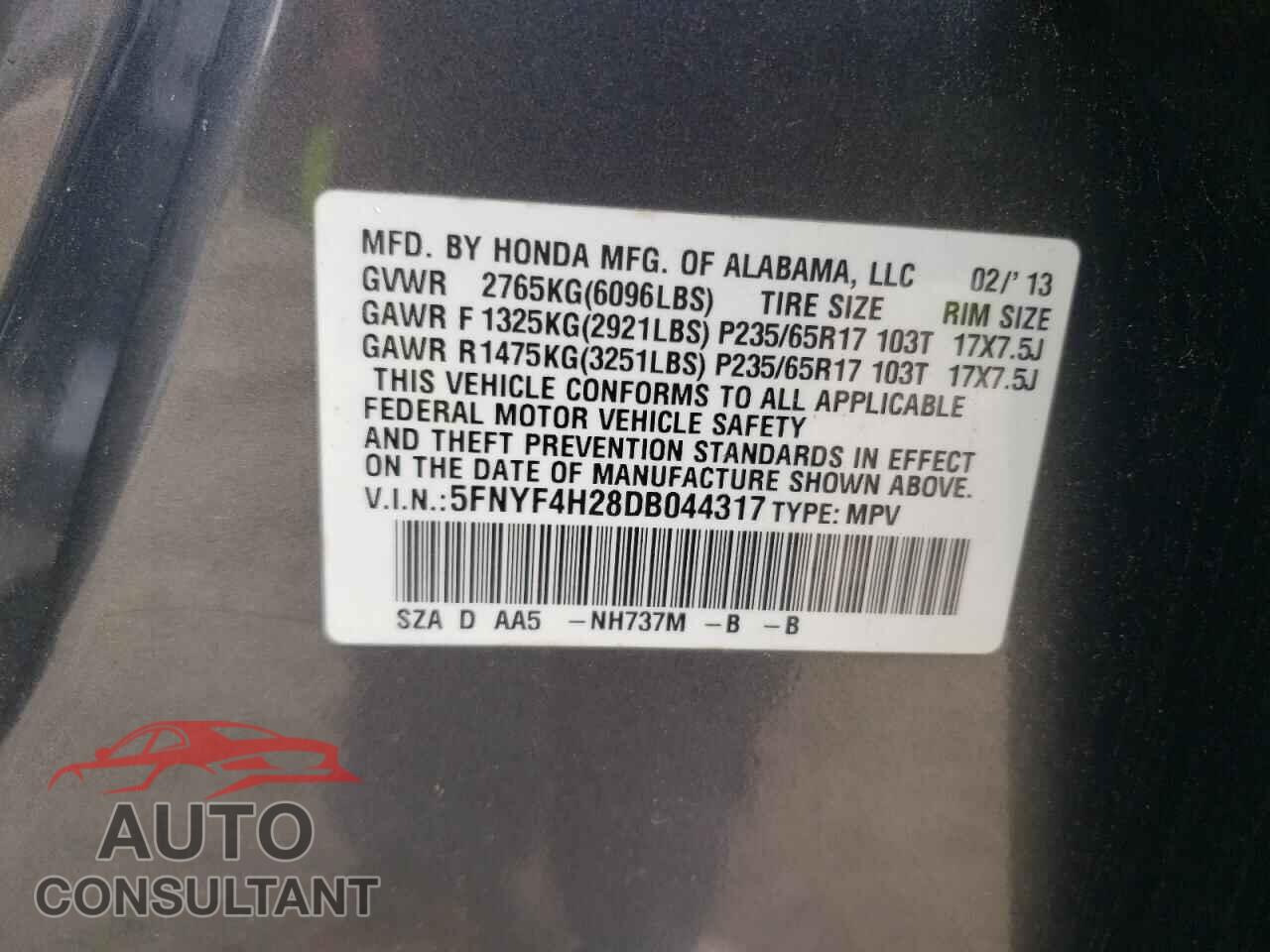 HONDA PILOT 2013 - 5FNYF4H28DB044317