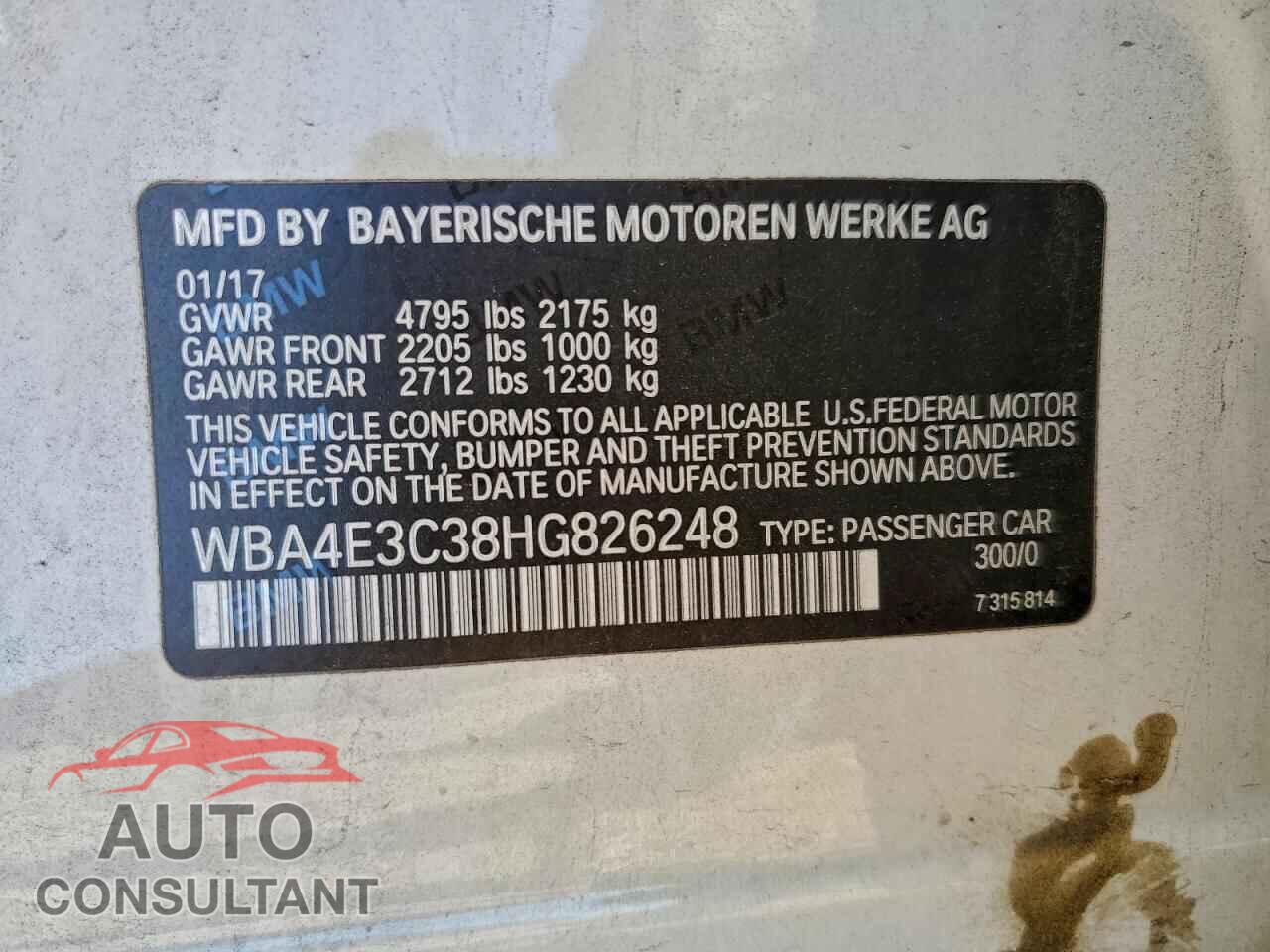 BMW 4 SERIES 2017 - WBA4E3C38HG826248