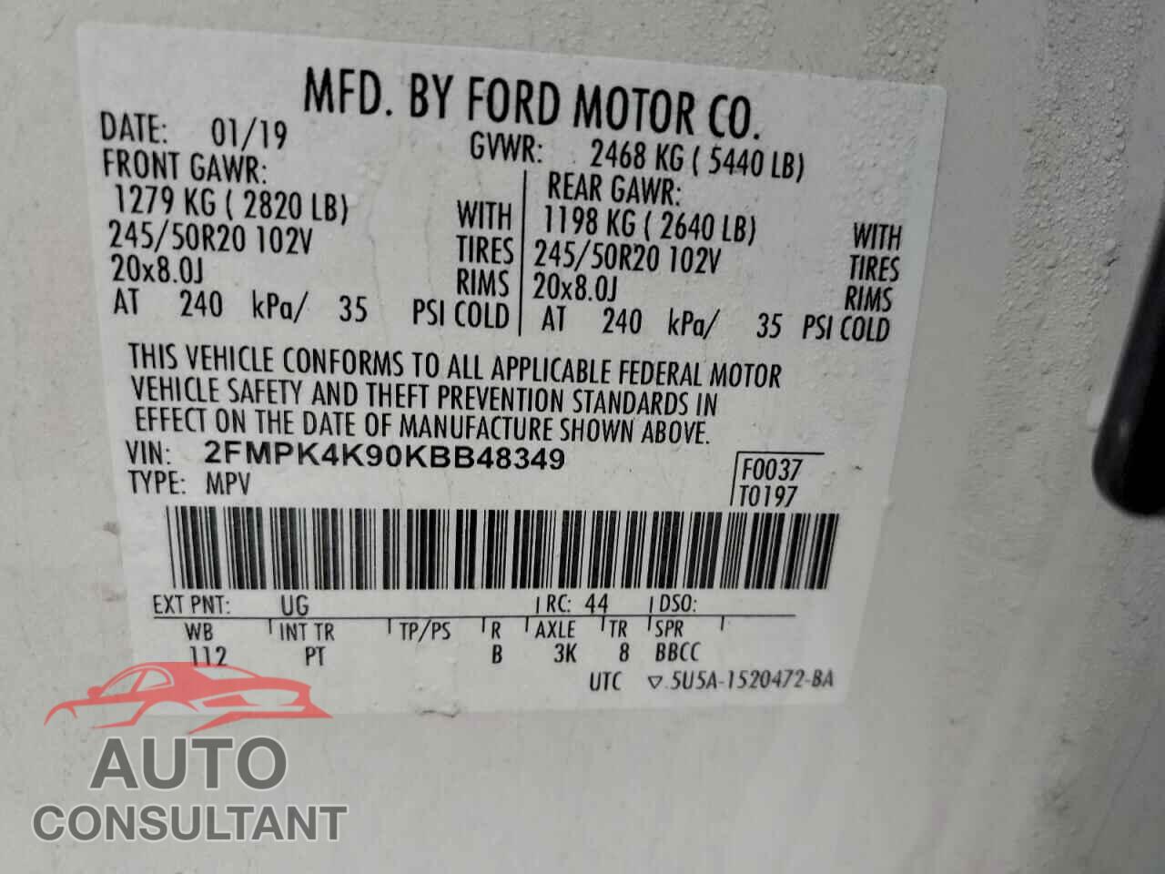 FORD EDGE 2019 - 2FMPK4K90KBB48349