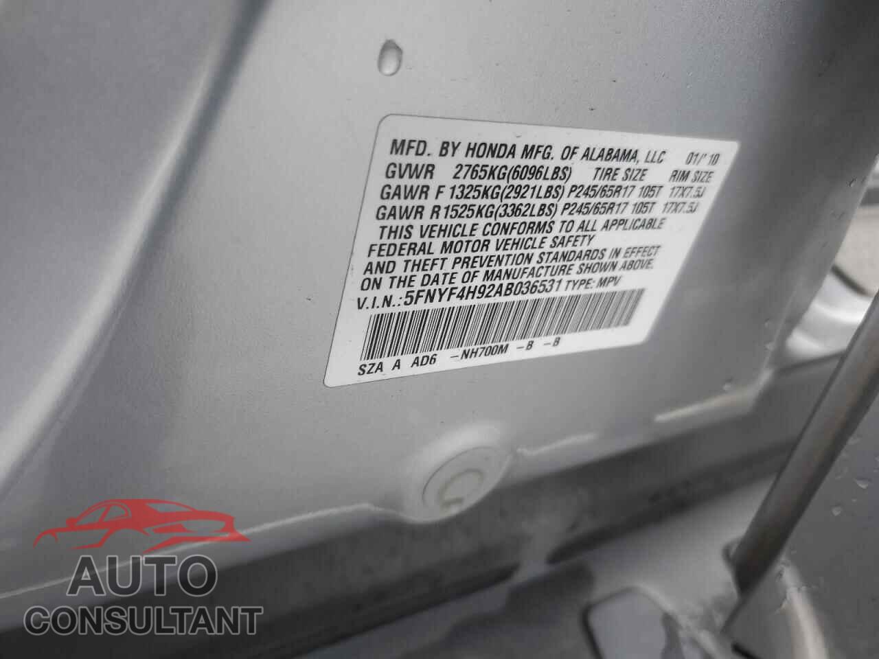 HONDA PILOT 2010 - 5FNYF4H92AB036531