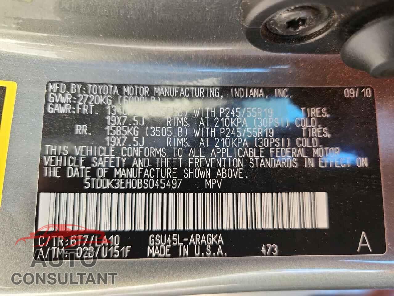 TOYOTA HIGHLANDER 2011 - 5TDDK3EH0BS045497