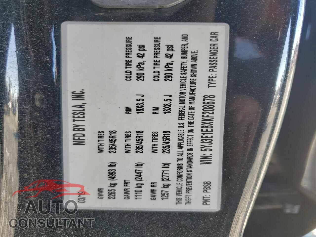 TESLA MODEL 3 2019 - 5YJ3E1EBXKF208678