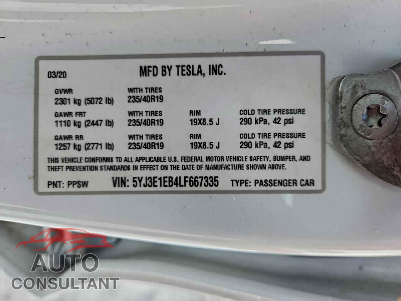 TESLA MODEL 3 2020 - 5YJ3E1EB4LF667335