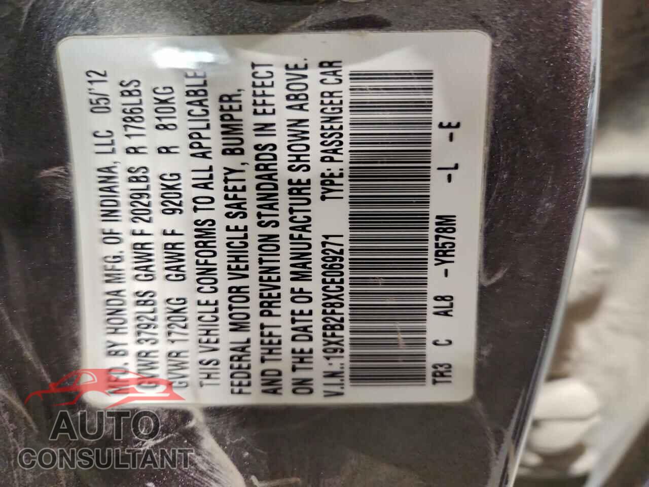 HONDA CIVIC 2012 - 19XFB2F8XCE069271