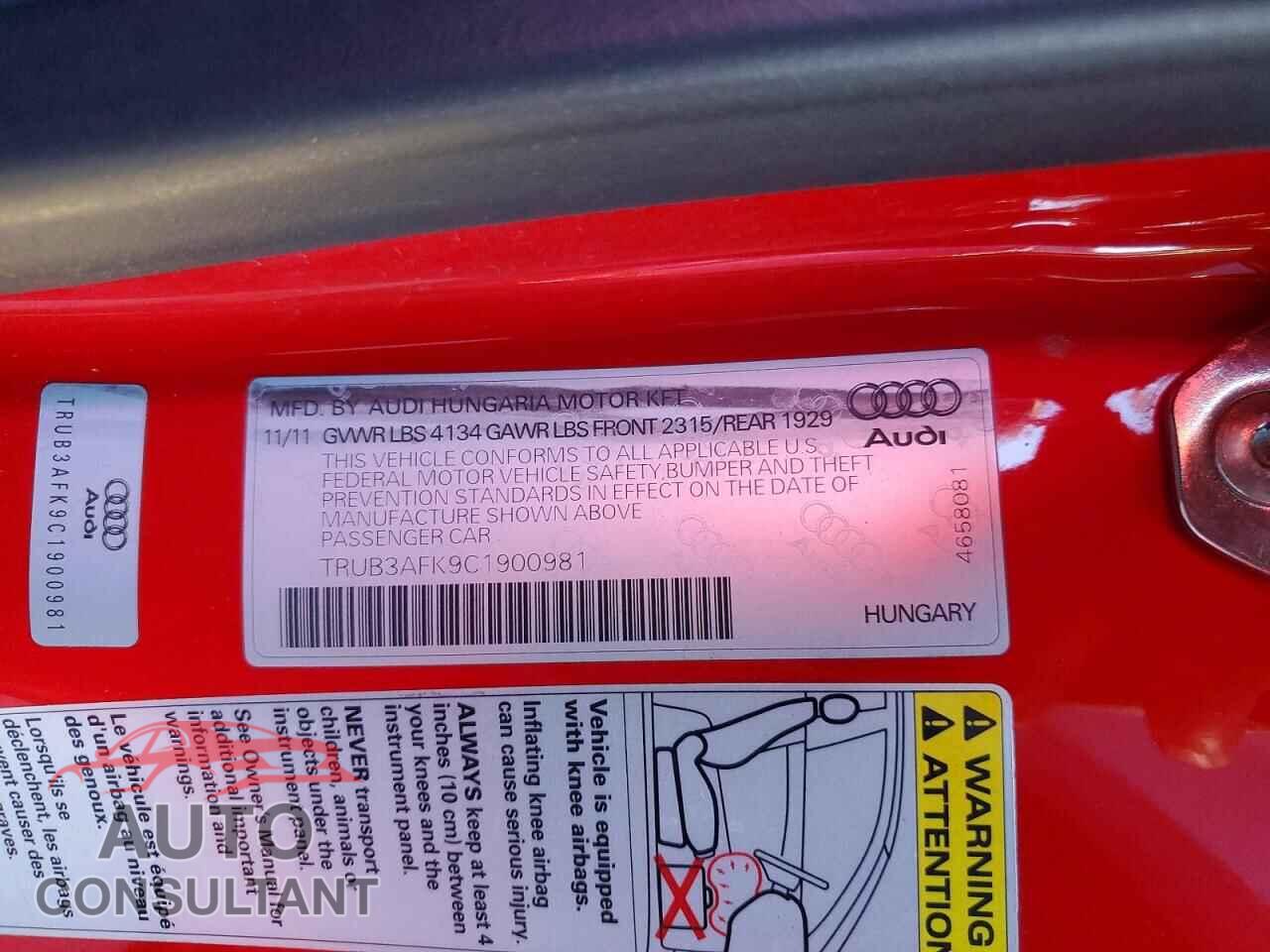 AUDI TT 2012 - TRUB3AFK9C1900981