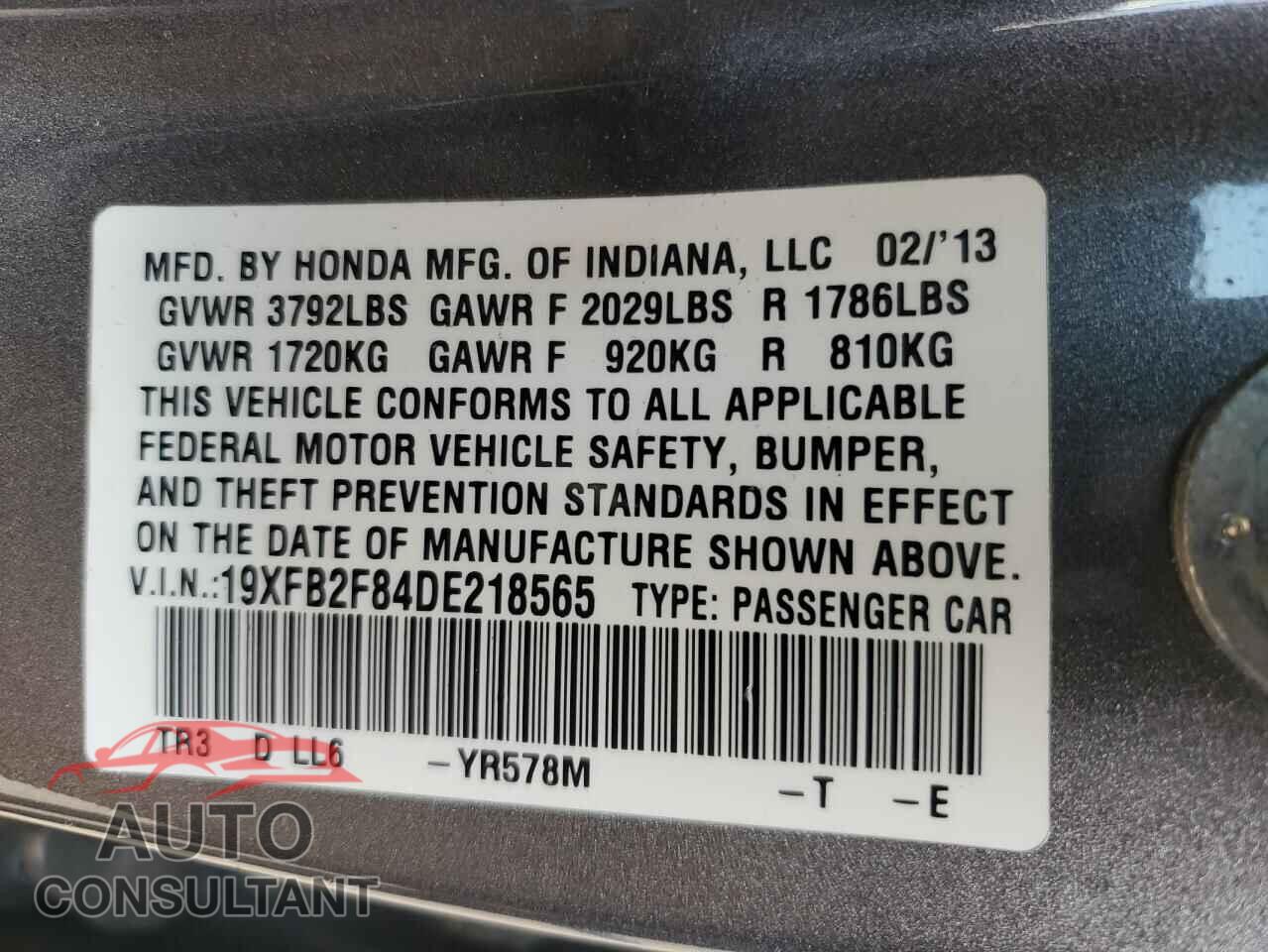HONDA CIVIC 2013 - 19XFB2F84DE218565