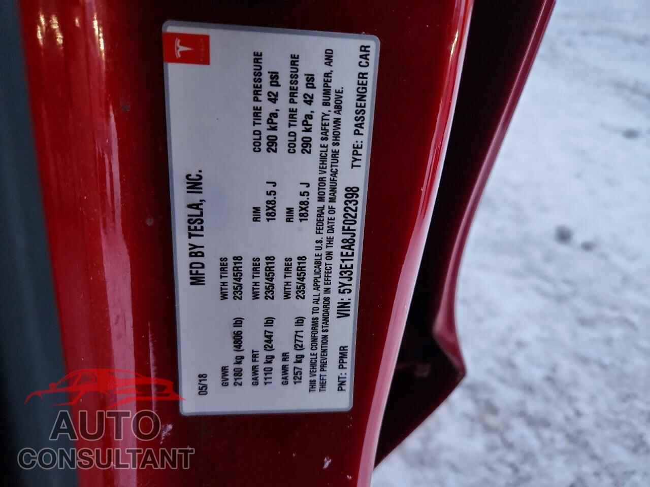 TESLA MODEL 3 2018 - 5YJ3E1EA8JF022398