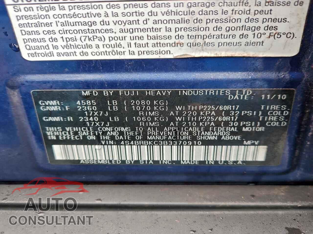 SUBARU OUTBACK 2011 - 4S4BRBKC3B3370910