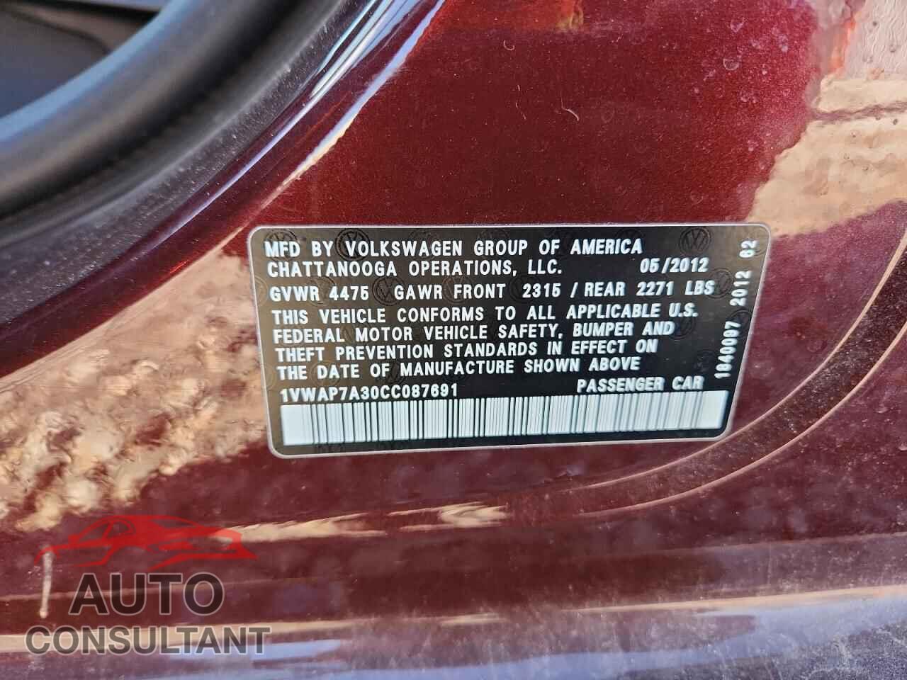 VOLKSWAGEN PASSAT 2012 - 1VWAP7A30CC087691