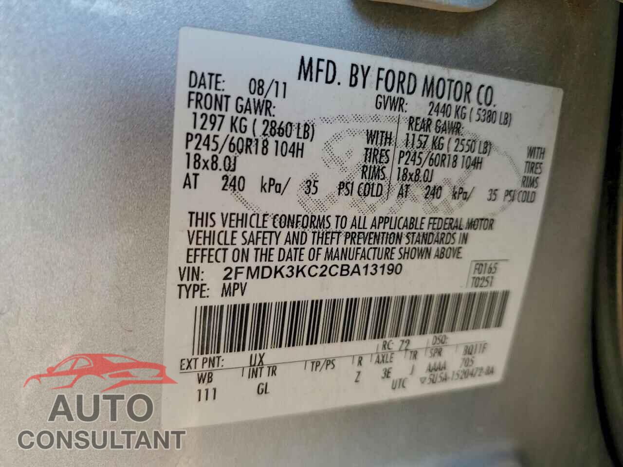 FORD EDGE 2012 - 2FMDK3KC2CBA13190