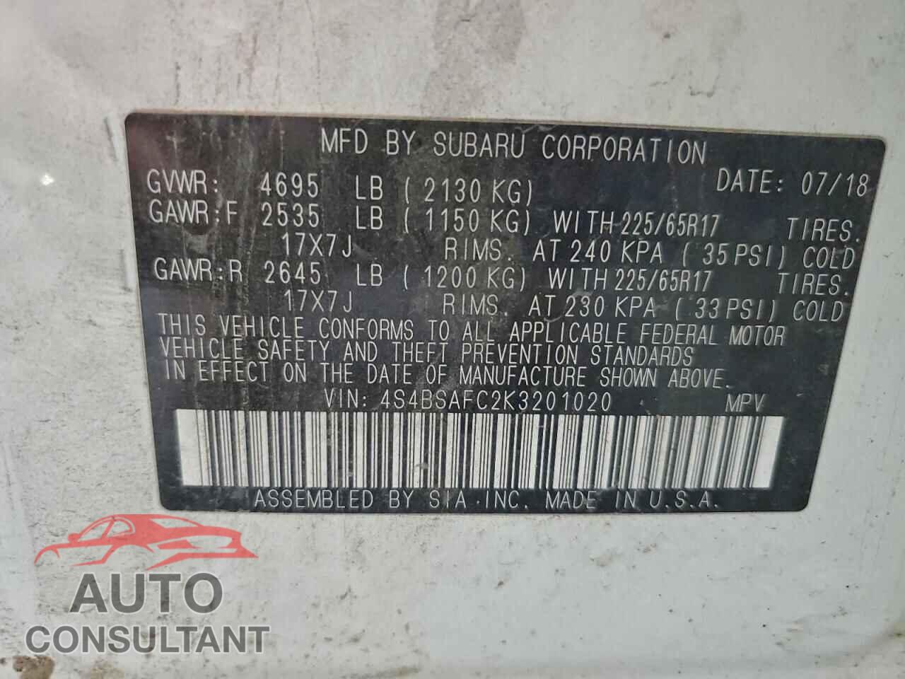 SUBARU OUTBACK 2019 - 4S4BSAFC2K3201020