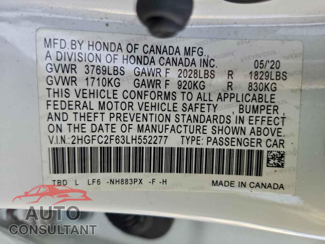 HONDA CIVIC 2020 - 2HGFC2F63LH552277