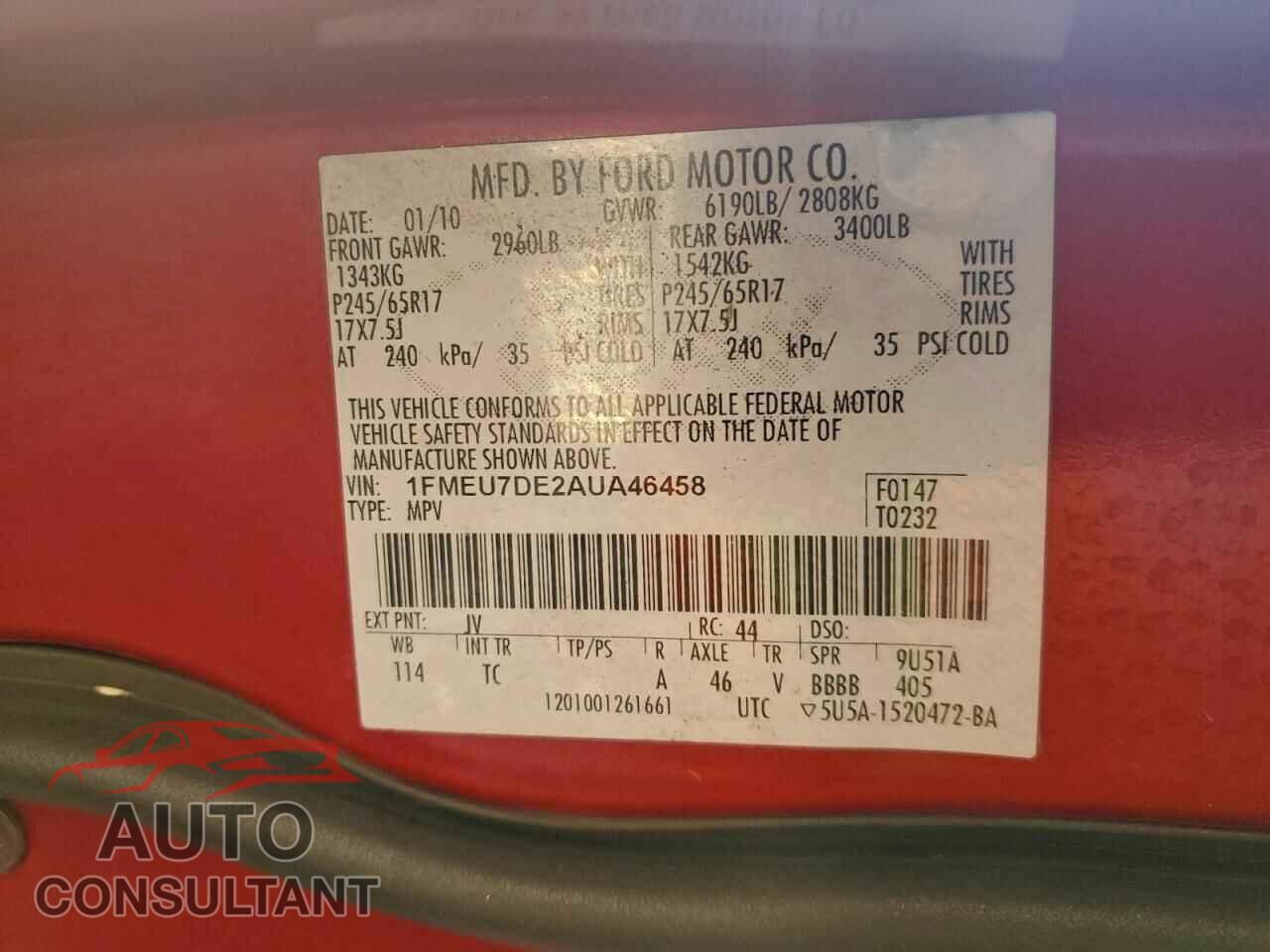 FORD EXPLORER 2010 - 1FMEU7DE2AUA46458