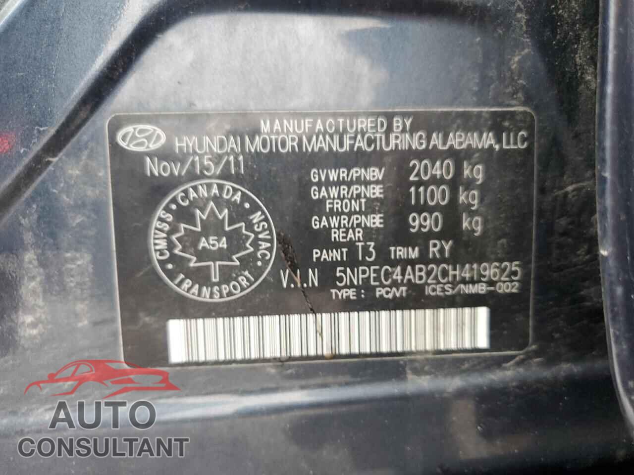 HYUNDAI SONATA 2012 - 5NPEC4AB2CH419625