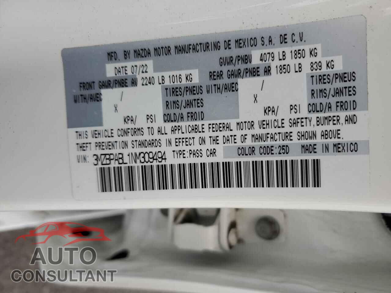 MAZDA 3 2022 - 3MZBPABL1NM309494