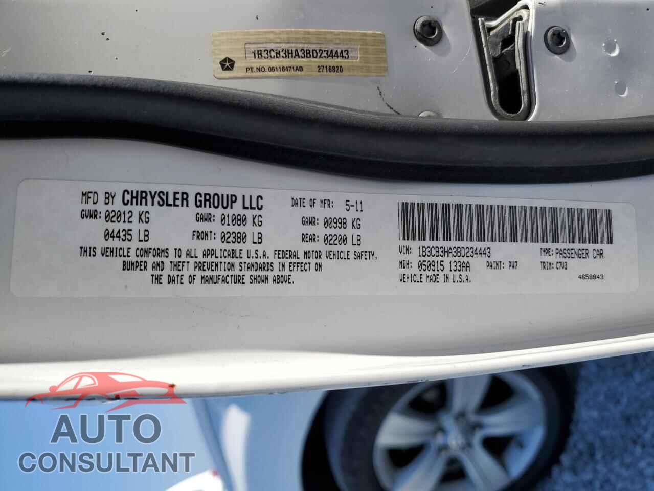 DODGE CALIBER 2011 - 1B3CB3HA3BD234443