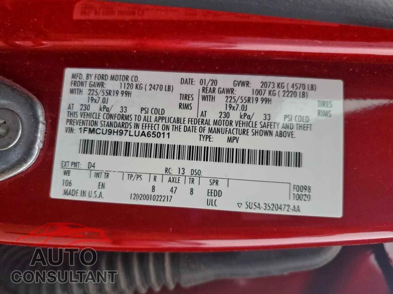 FORD ESCAPE 2020 - 1FMCU9H97LUA65011