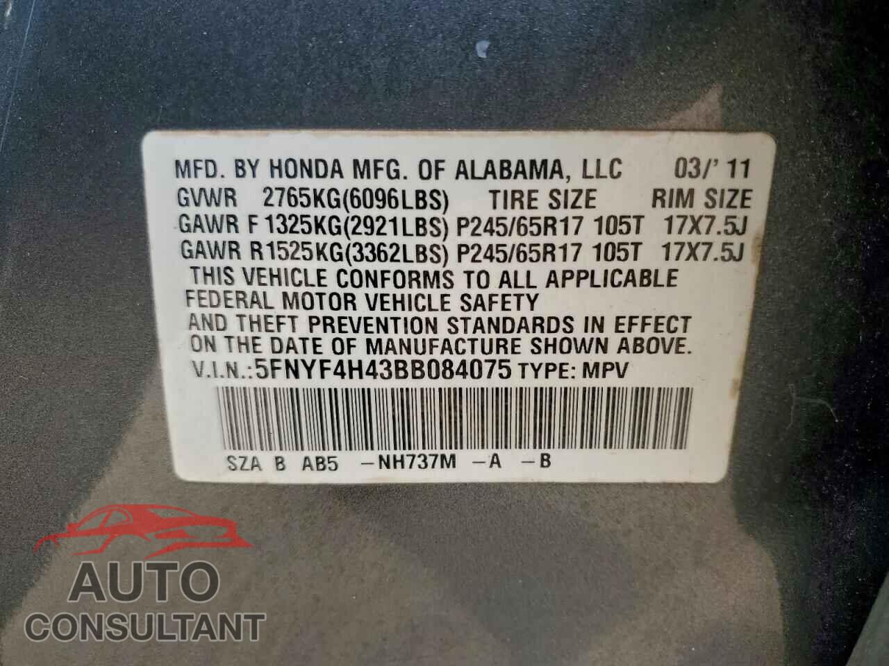HONDA PILOT 2011 - 5FNYF4H43BB084075
