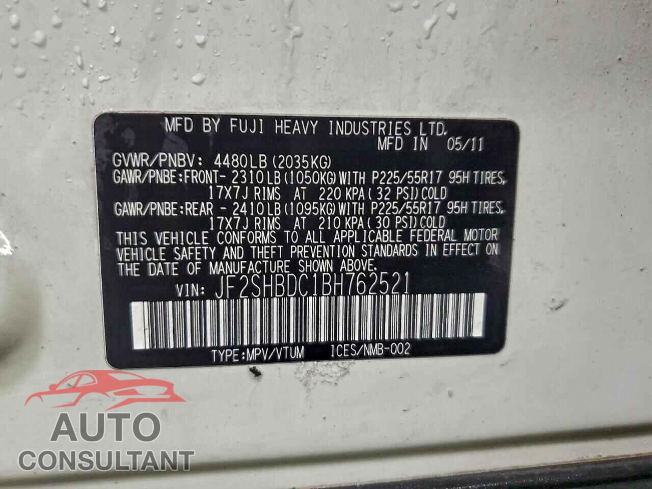 SUBARU FORESTER 2011 - JF2SHBDC1BH762521