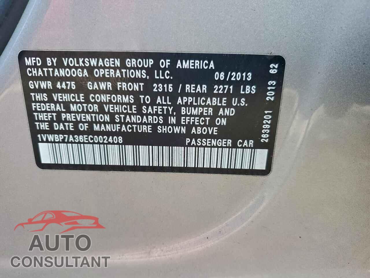 VOLKSWAGEN PASSAT 2014 - 1VWBP7A36EC002408