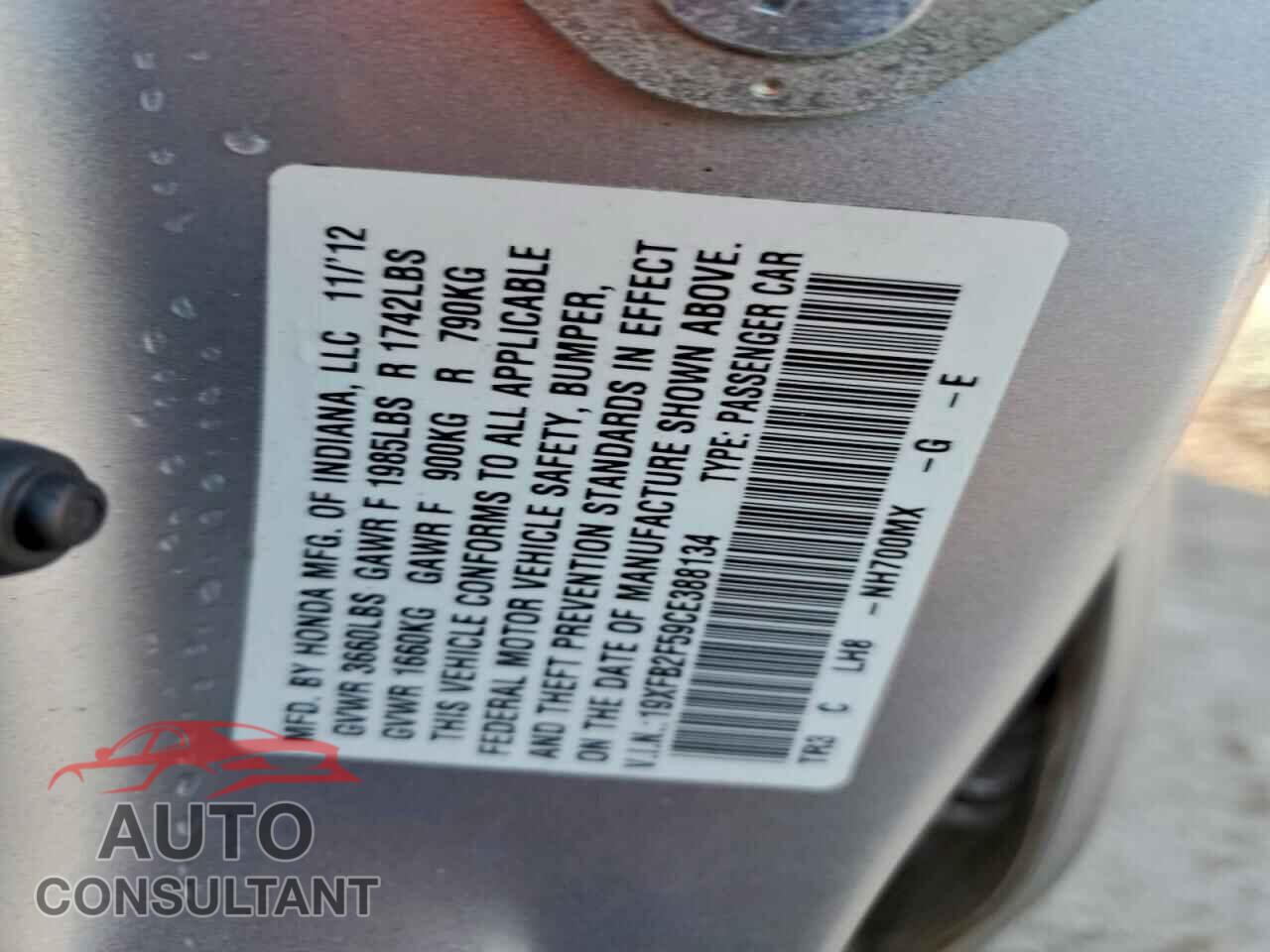 HONDA CIVIC 2012 - 19XFB2F59CE388134