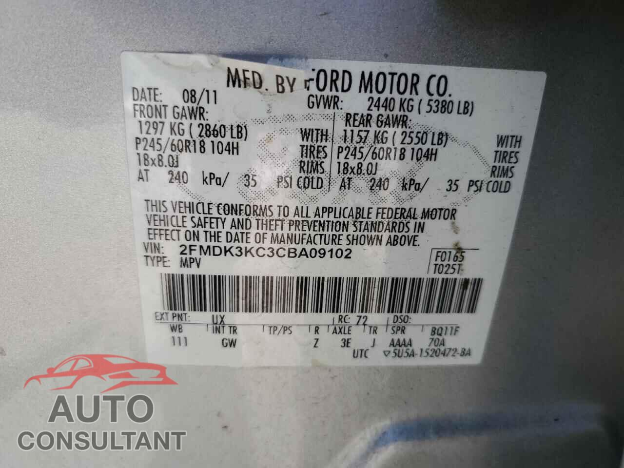 FORD EDGE 2012 - 2FMDK3KC3CBA09102