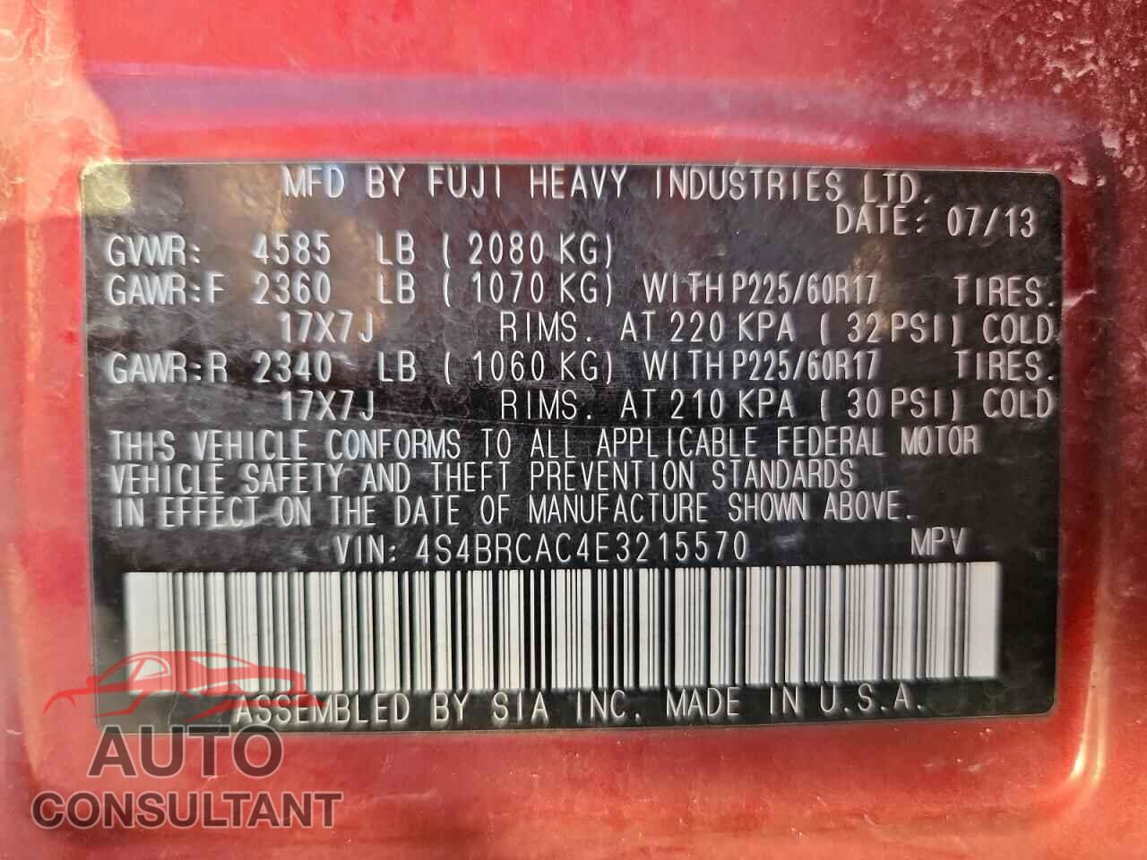 SUBARU OUTBACK 2014 - 4S4BRCAC4E3215570