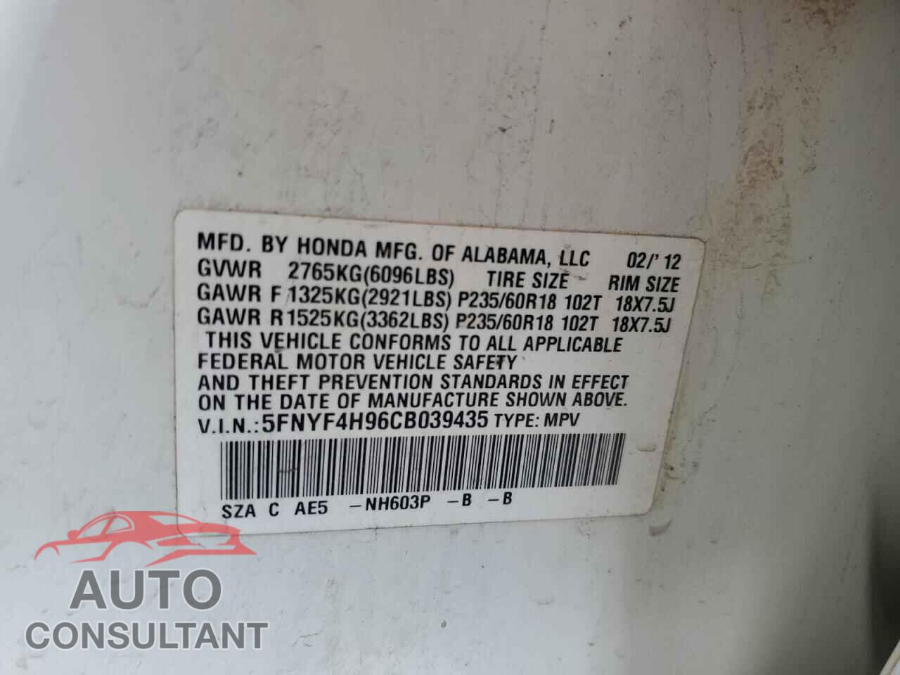 HONDA PILOT 2012 - 5FNYF4H96CB039435