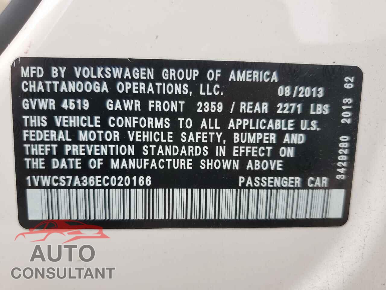 VOLKSWAGEN PASSAT 2014 - 1VWCS7A36EC020166