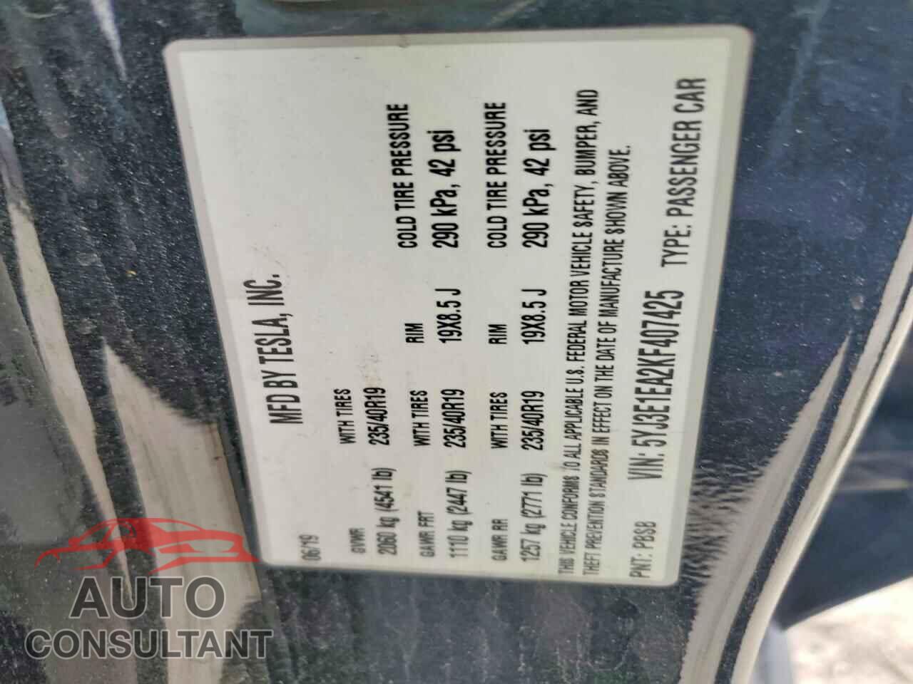 TESLA MODEL 3 2019 - 5YJ3E1EA2KF407425