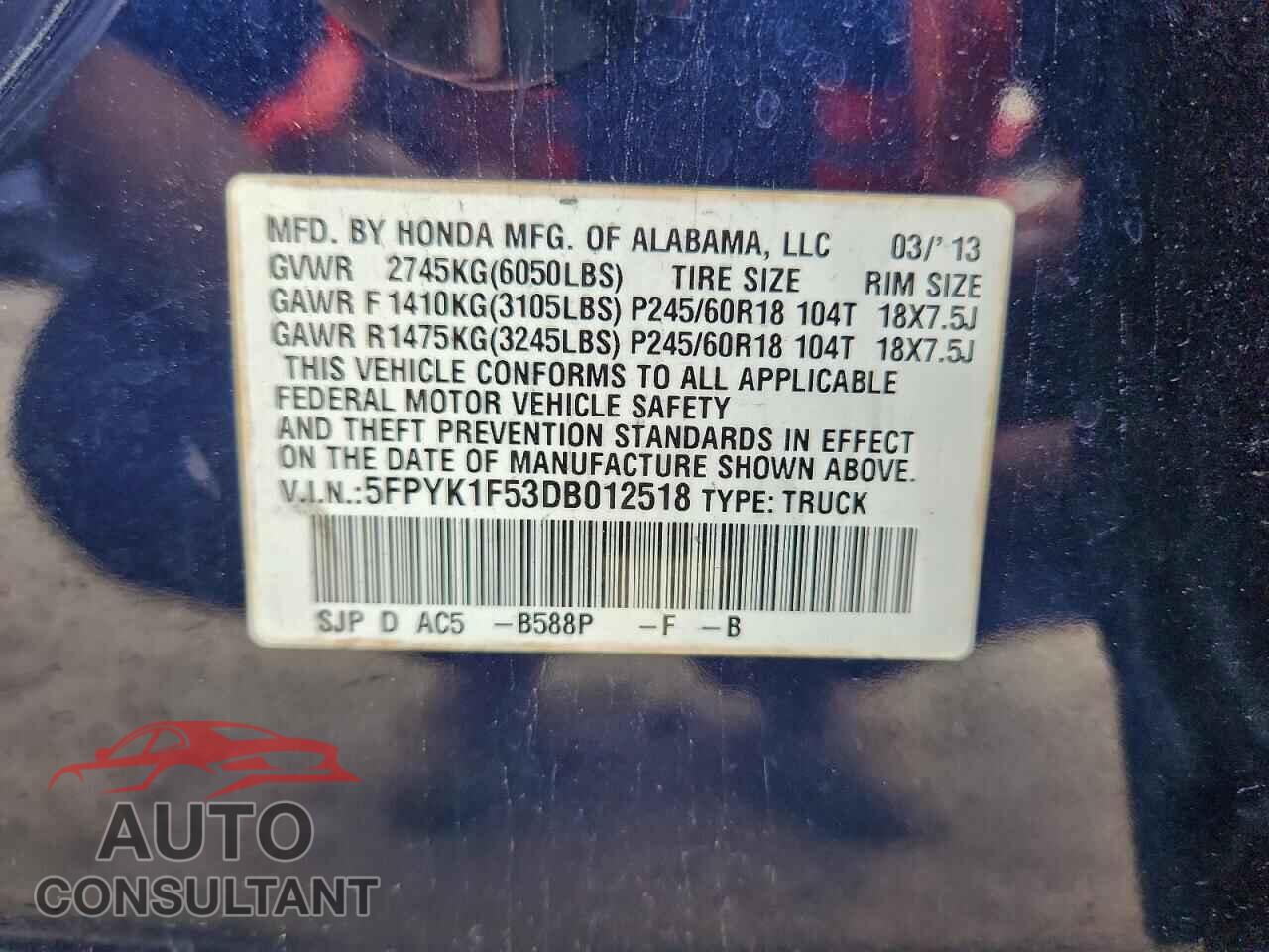 HONDA RIDGELINE 2013 - 5FPYK1F53DB012518