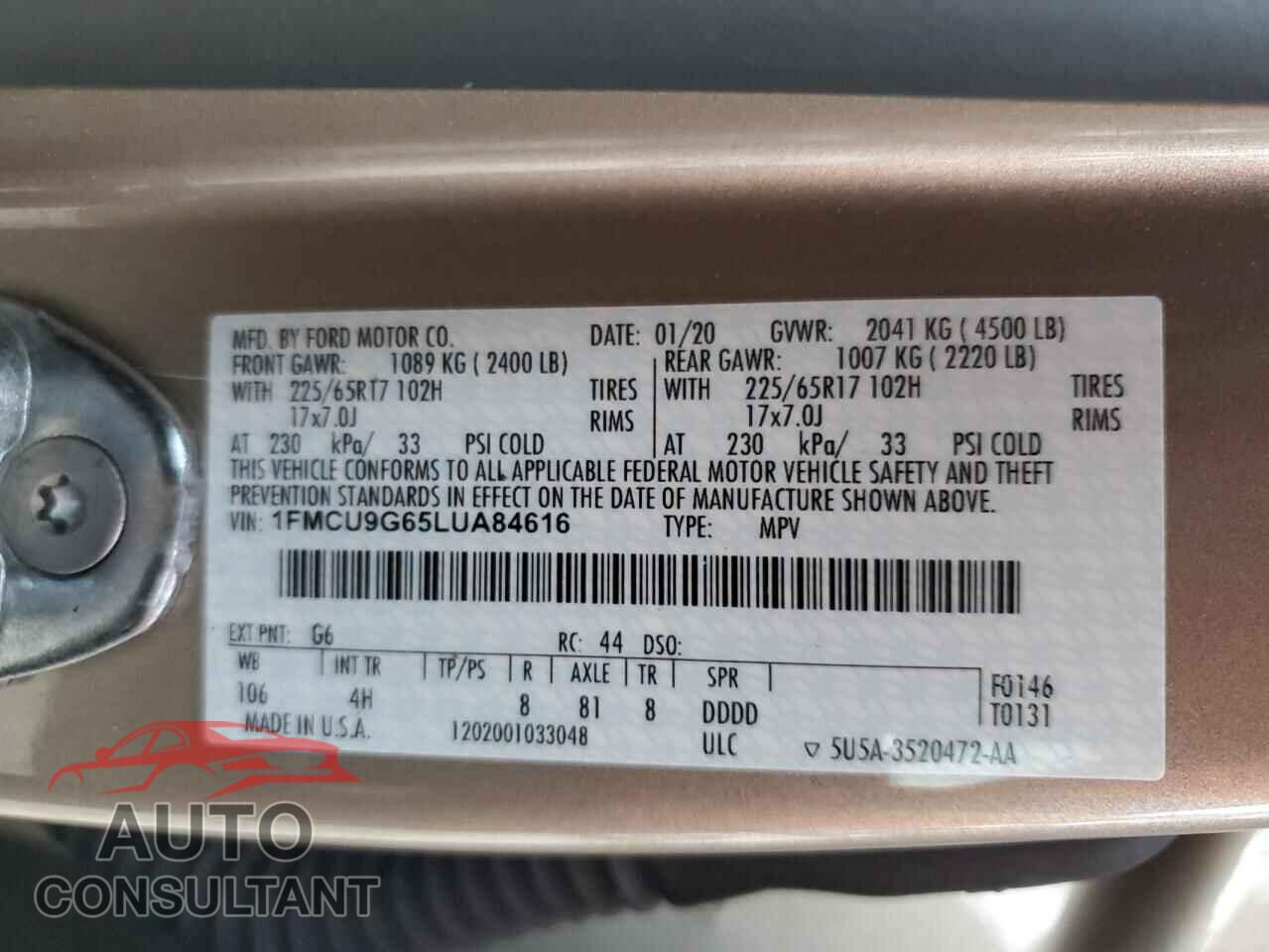 FORD ESCAPE 2020 - 1FMCU9G65LUA84616
