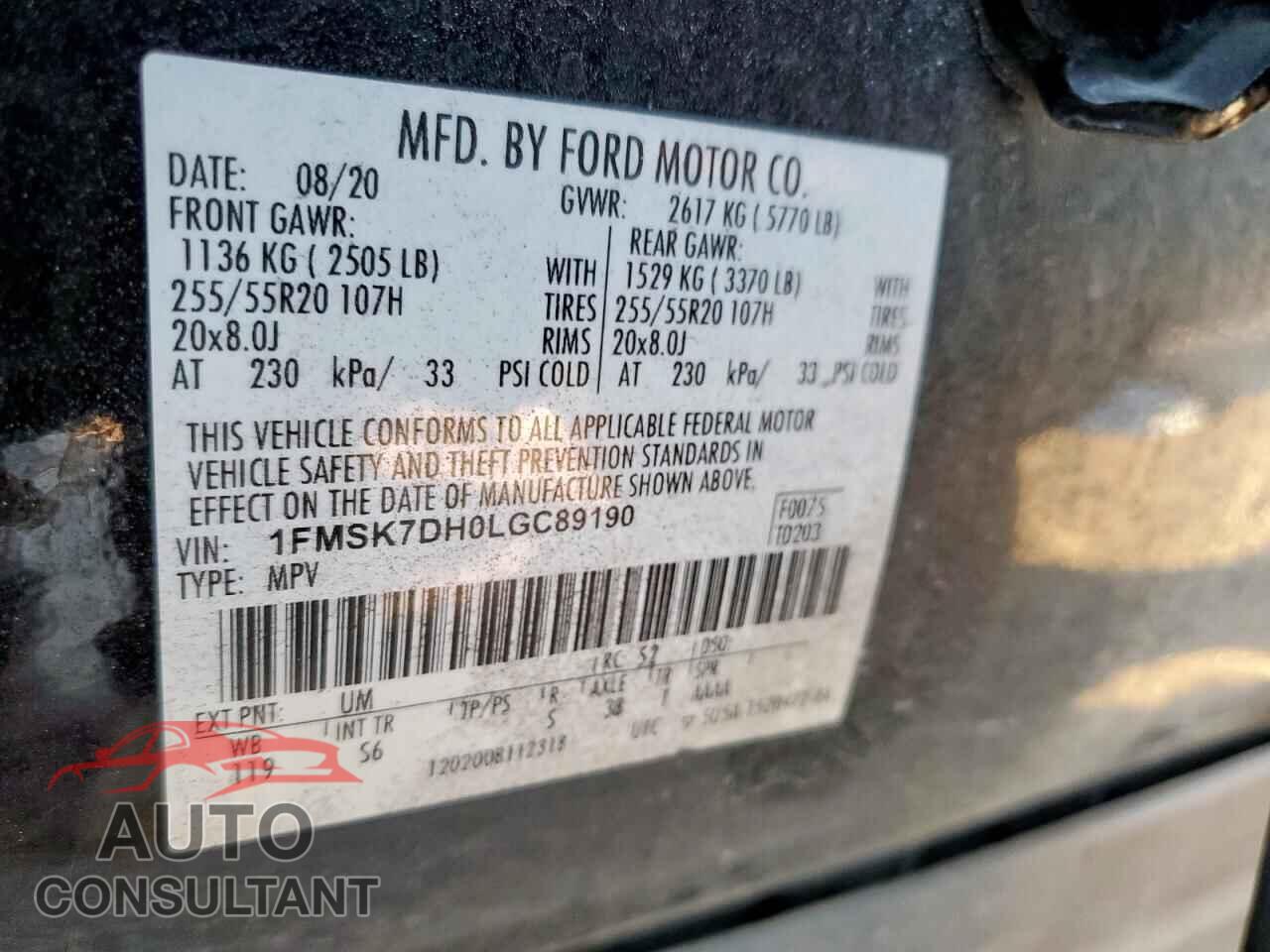 FORD EXPLORER 2020 - 1FMSK7DH0LGC89190