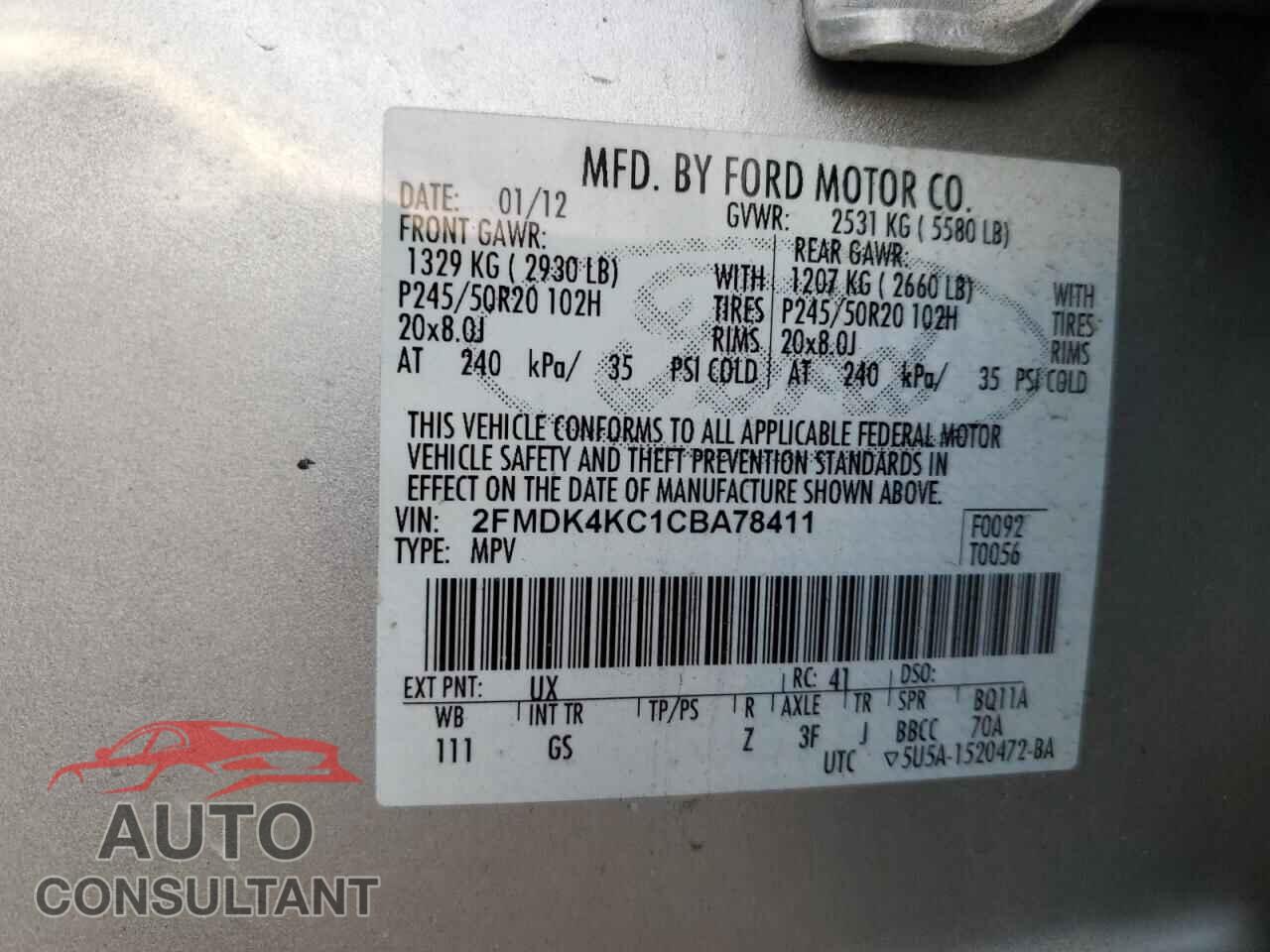 FORD EDGE 2012 - 2FMDK4KC1CBA78411
