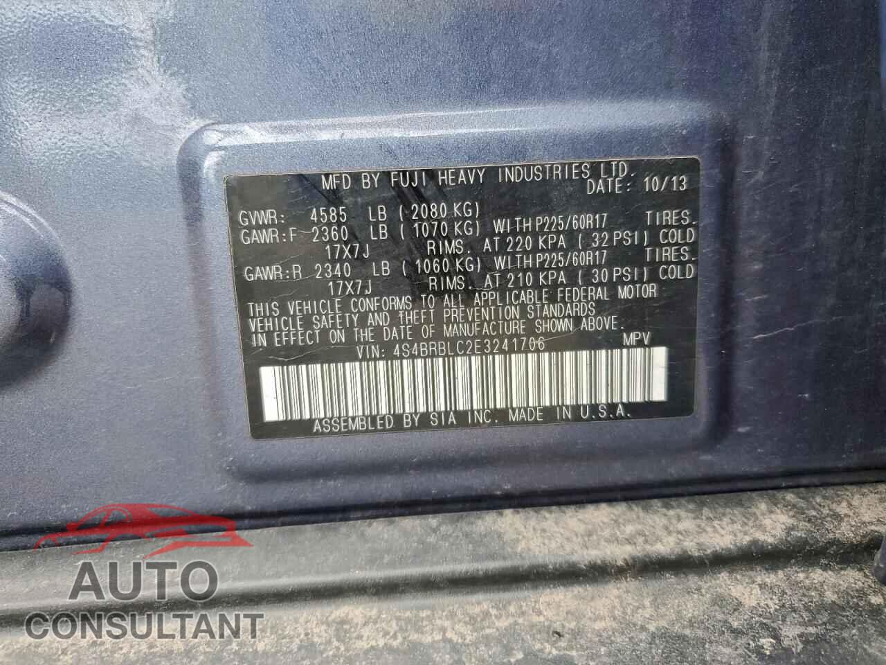 SUBARU OUTBACK 2014 - 4S4BRBLC2E3241706