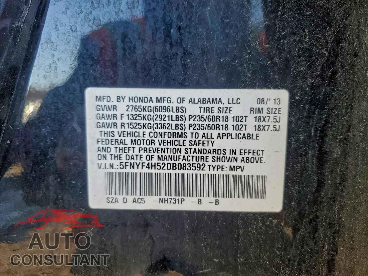 HONDA PILOT 2013 - 5FNYF4H52DB083592