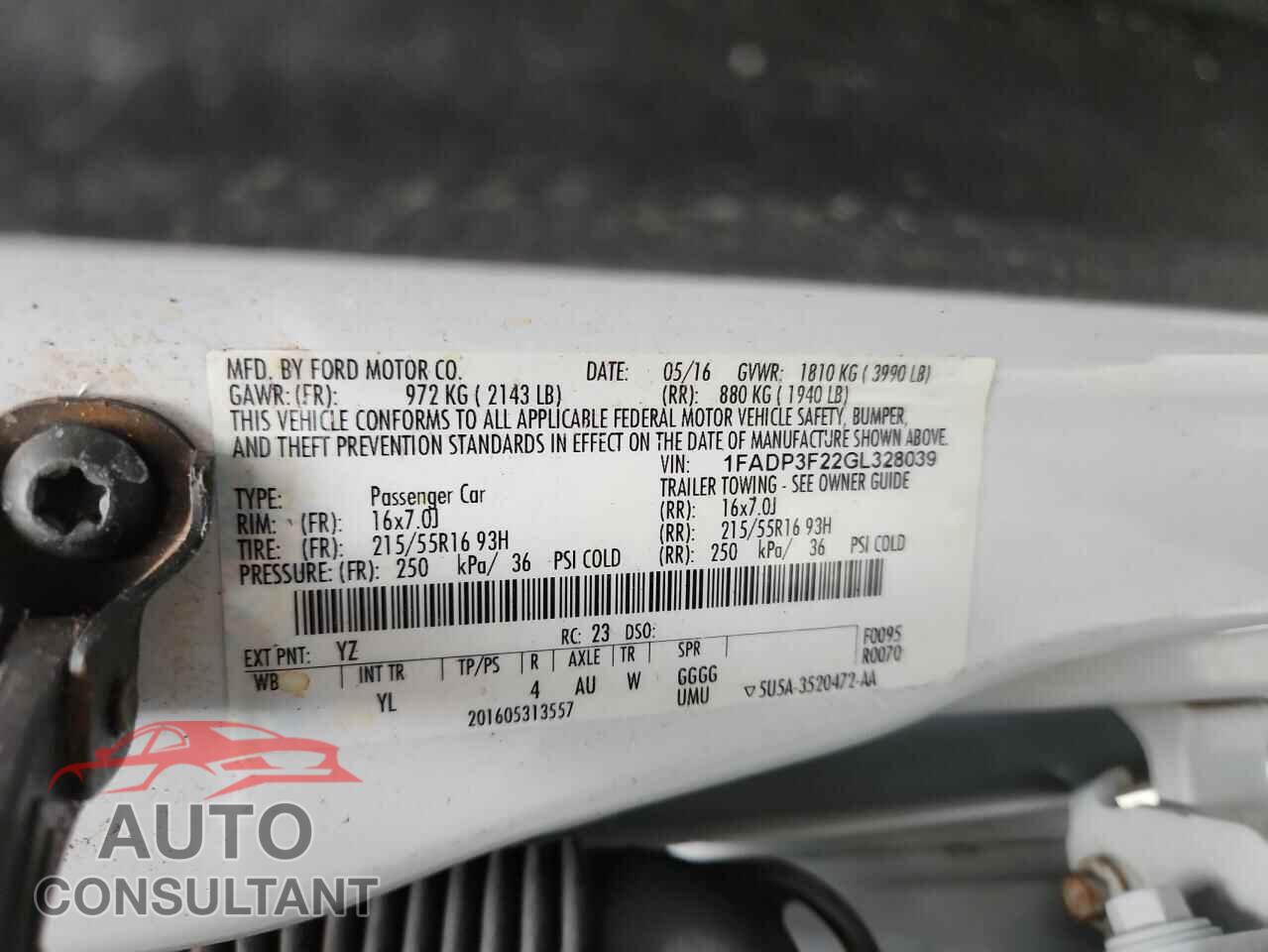 FORD FOCUS 2016 - 1FADP3F22GL328039