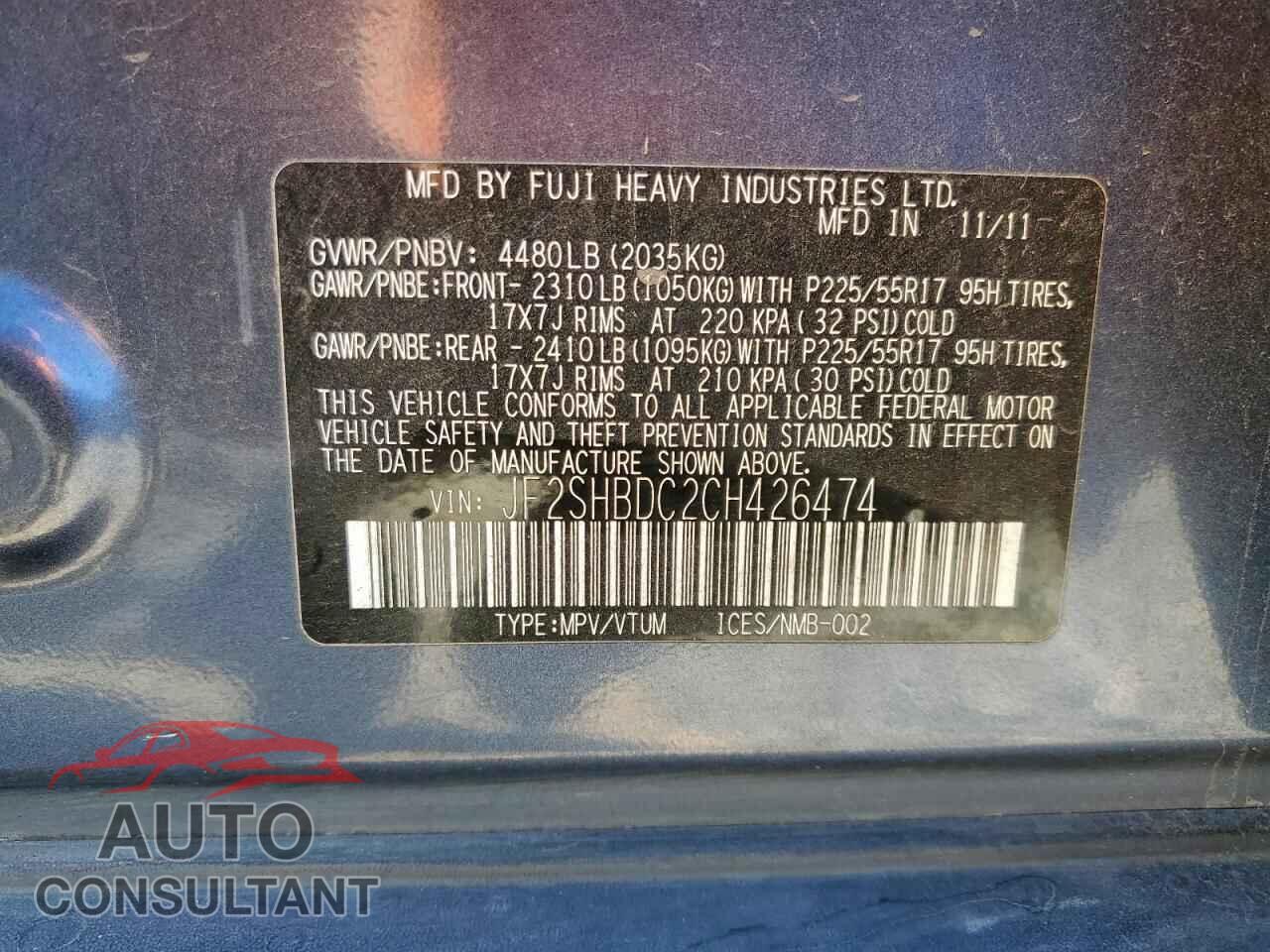 SUBARU FORESTER 2012 - JF2SHBDC2CH426474