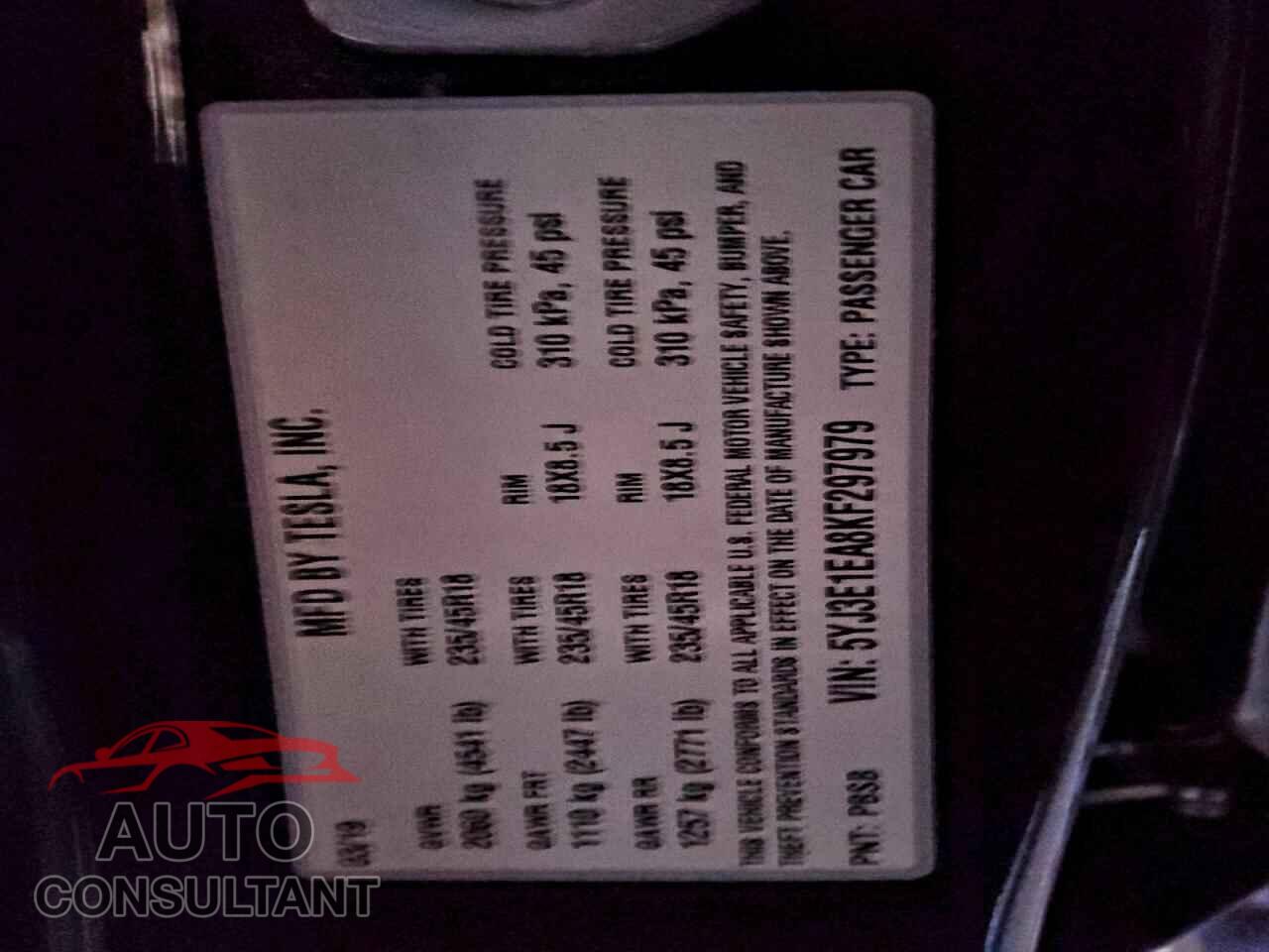TESLA MODEL 3 2019 - 5YJ3E1EA8KF297979