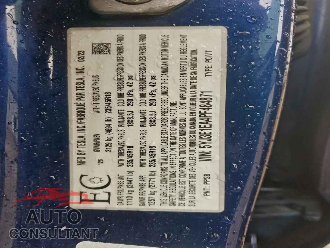 TESLA MODEL 3 2023 - 5YJ3E1EA4PF484871