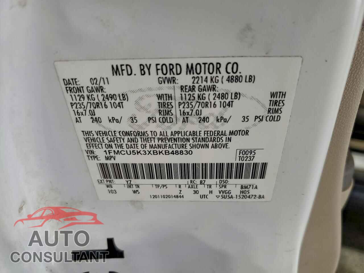 FORD ESCAPE 2011 - 1FMCU5K3XBKB48830