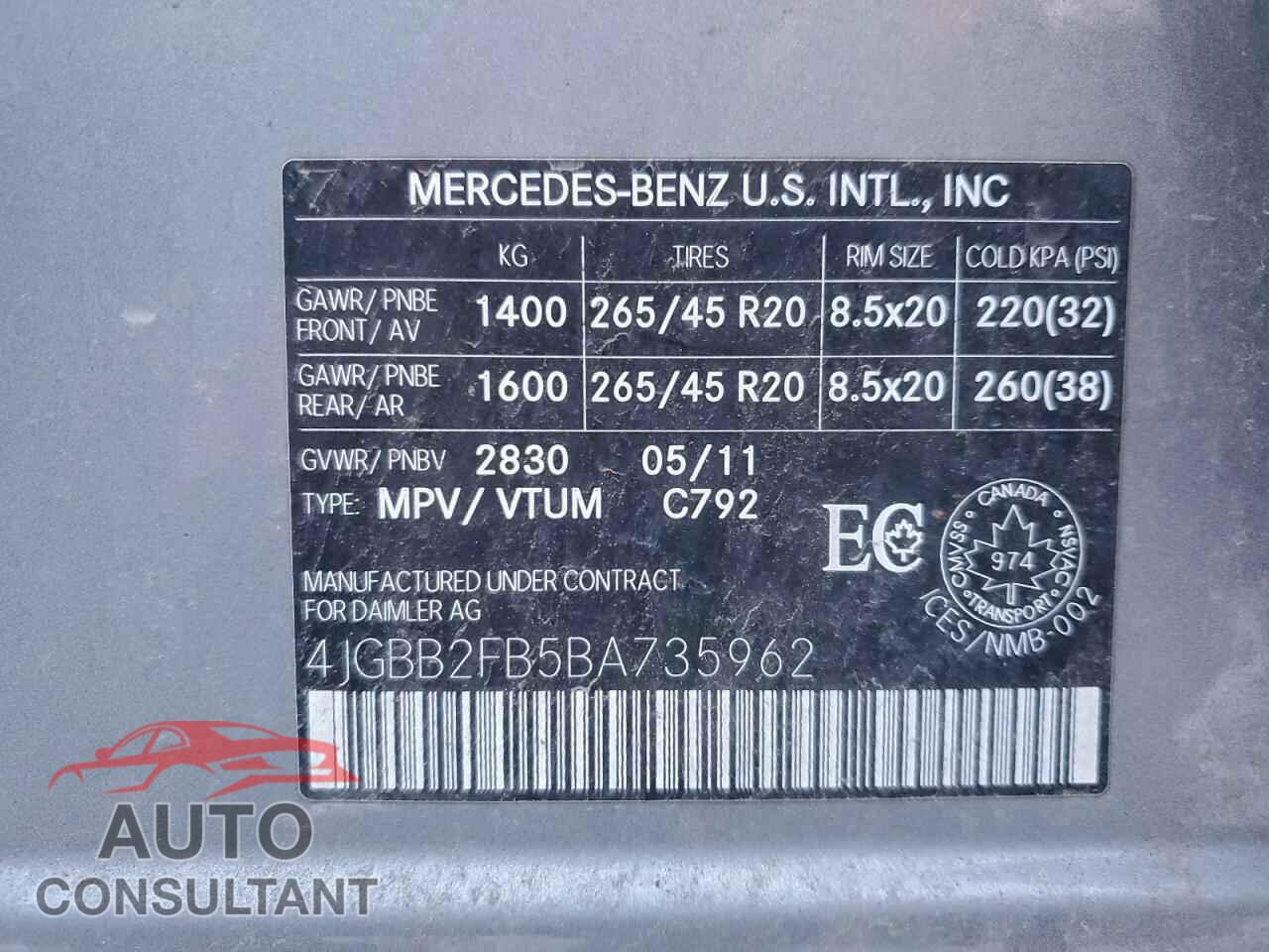 MERCEDES-BENZ M-CLASS 2011 - 4JGBB2FB5BA735962