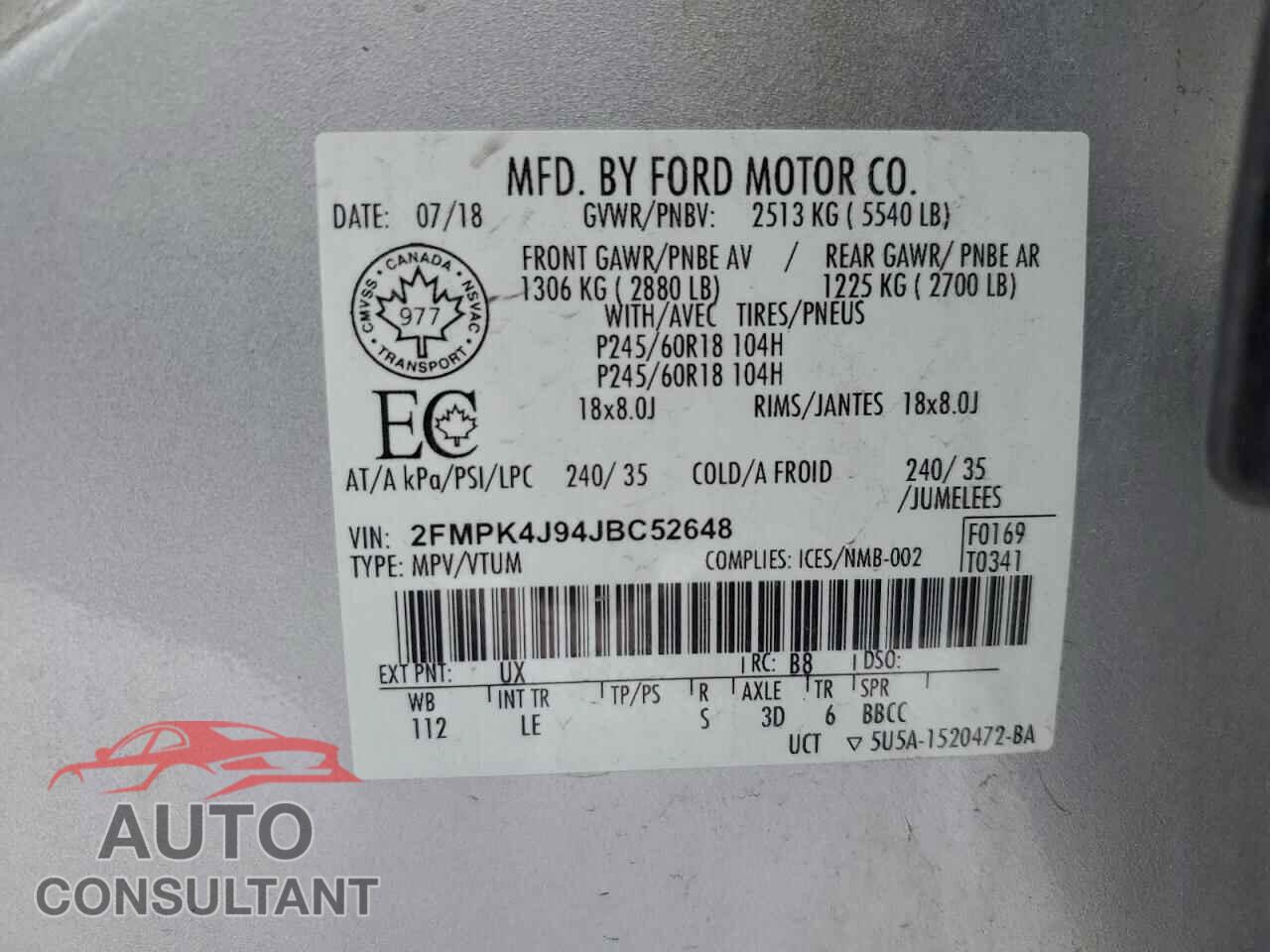 FORD EDGE 2018 - 2FMPK4J94JBC52648